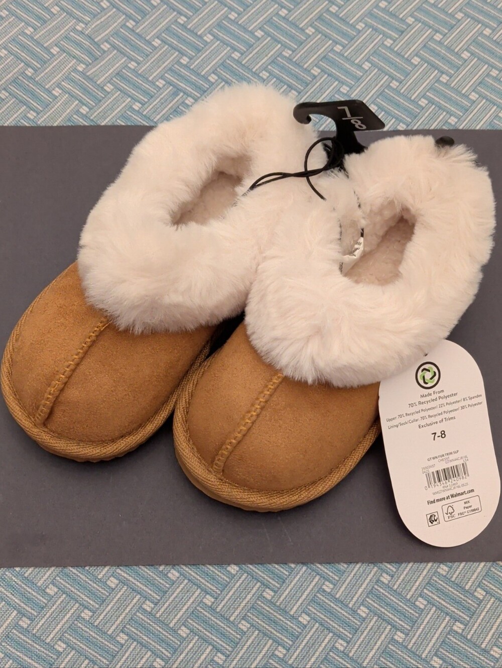 Wonder Nation Tan Slippers with White Faux Fur Trim - Kids